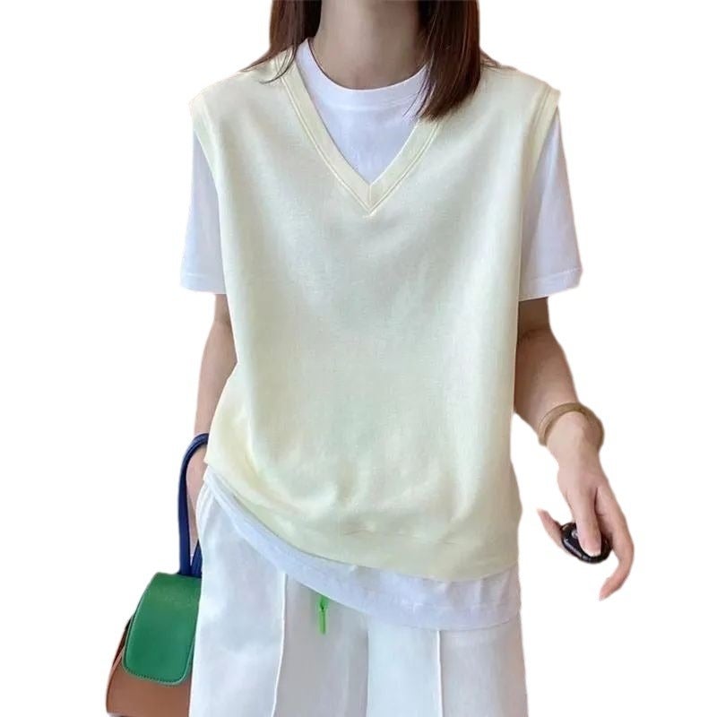 Zz Fake Two-Piece Design Sense Niche Short-Sleeved T-Shirt Women'S Loose Colorblock Top European Station Summer Women - Image 5