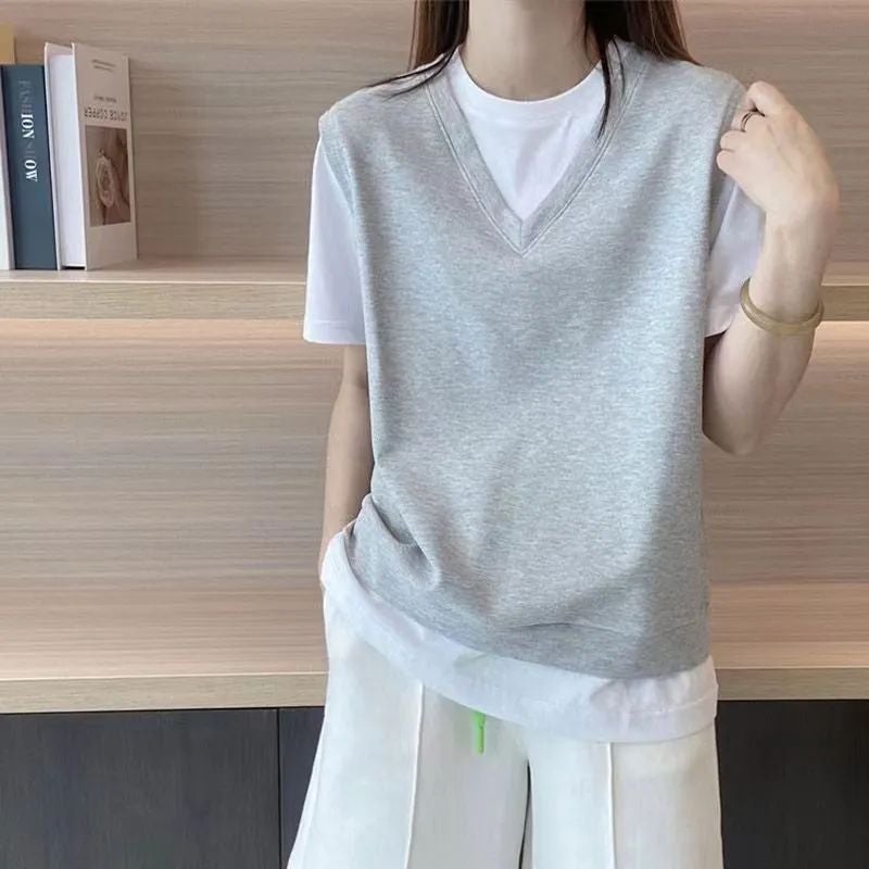 Zz Fake Two-Piece Design Sense Niche Short-Sleeved T-Shirt Women'S Loose Colorblock Top European Station Summer Women - Image 3