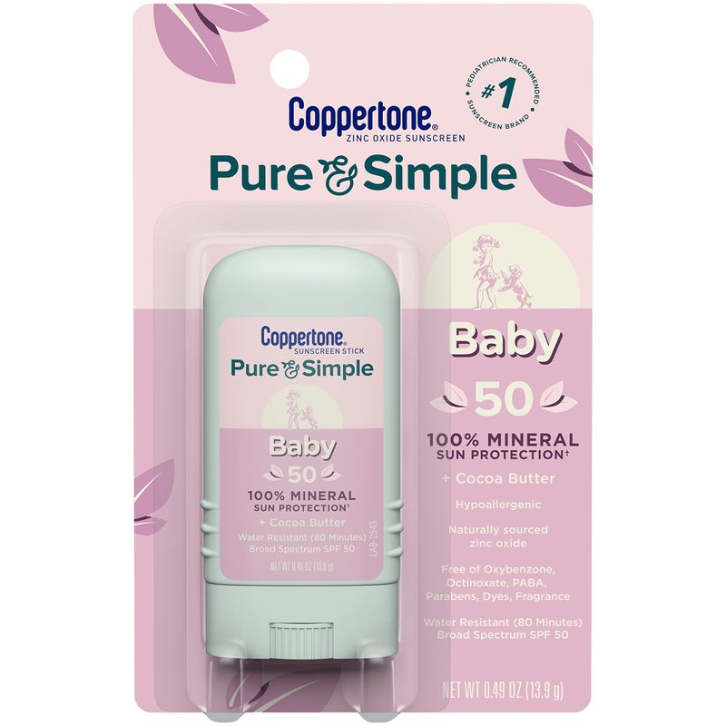 Coppertone Pure And Simple Baby Sunscreen Stick Spf 50  Zinc Oxide Mineral Sunscreen For Babies  Tear Free  Water Resistant  Broad Spectrum Spf 50 Sunscreen  0.49 Oz Stick - Image 1