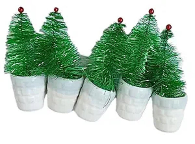 Decorative Mini Christmas Trees Set of 5 Green with Red Ornaments