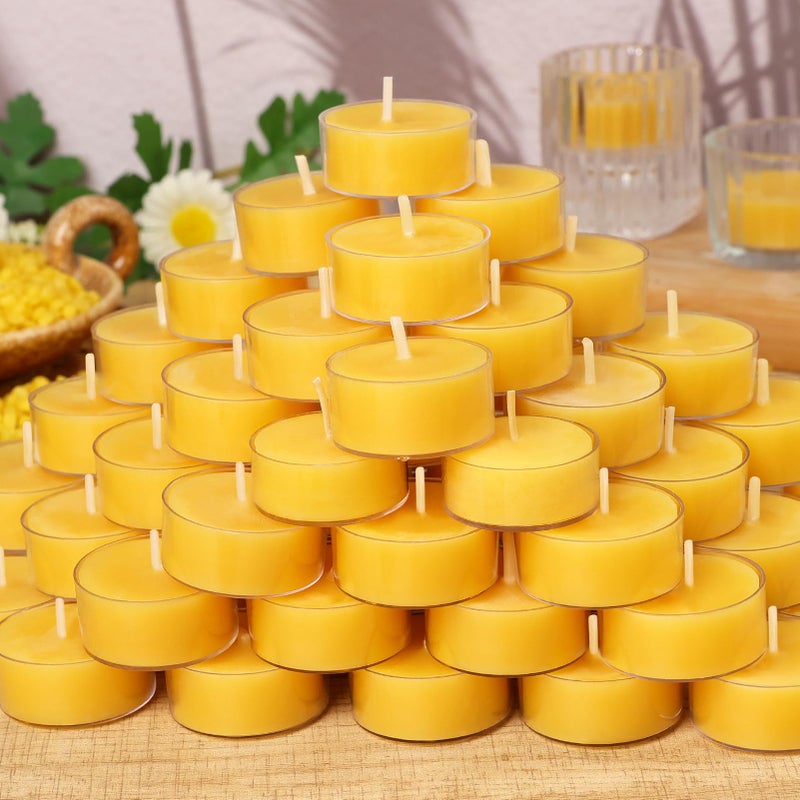 ugbem 50 Packs Beeswax Tealight Candles Bulk,4 Hours 100% Pure Beeswax Tea Lights Candle in Clear Cup,Natural Scent Bees Wax Candles Small Smokeless Clean Burning Perfect for Home Decor for Party Christmas - Image 1