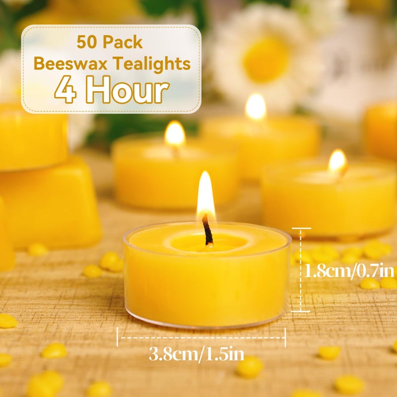 ugbem 50 Packs Beeswax Tealight Candles Bulk,4 Hours 100% Pure Beeswax Tea Lights Candle in Clear Cup,Natural Scent Bees Wax Candles Small Smokeless Clean Burning Perfect for Home Decor for Party Christmas - Image 2