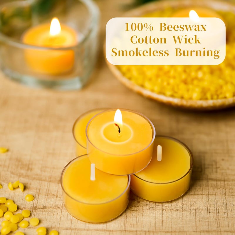 ugbem 50 Packs Beeswax Tealight Candles Bulk,4 Hours 100% Pure Beeswax Tea Lights Candle in Clear Cup,Natural Scent Bees Wax Candles Small Smokeless Clean Burning Perfect for Home Decor for Party Christmas - Image 3