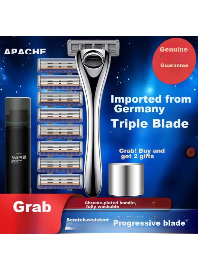 Apache Manual Razor, German Imported Blades, Portable Shaver For Face And Beard, 1 Handle With 8 Cartridges + Base + Shaving Foam - Image 2