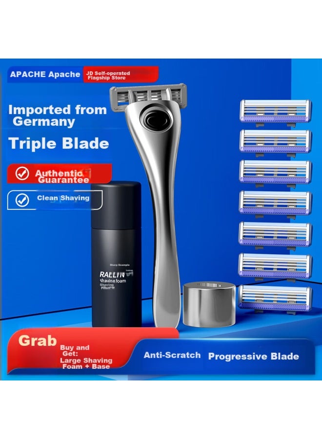 Apache Manual Razor, German Imported Blades, Portable Shaver For Face And Beard, 1 Handle With 8 Cartridges + Base + Shaving Foam - Image 1