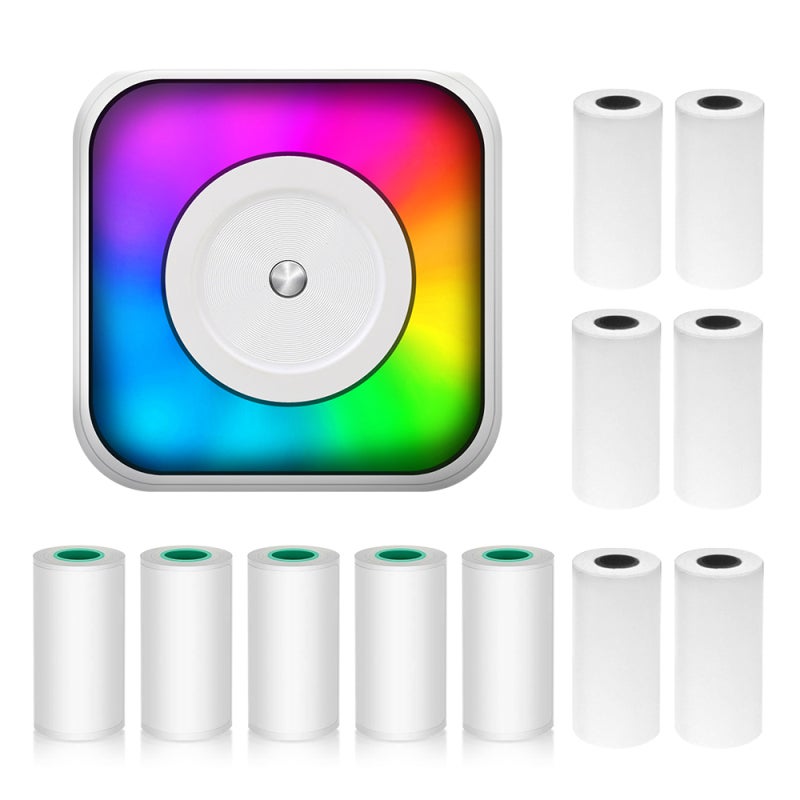 طابعة صور صغيرة مع أضواء LED بـ 7 ألوان RGB - طابعة جيب محمولة للطباعة اللاسلكية عبر البلوتوث من الهاتف الذكي - طابعة ملصقات بدون حبر للطلاب والمحترفين والسفر - Image 1