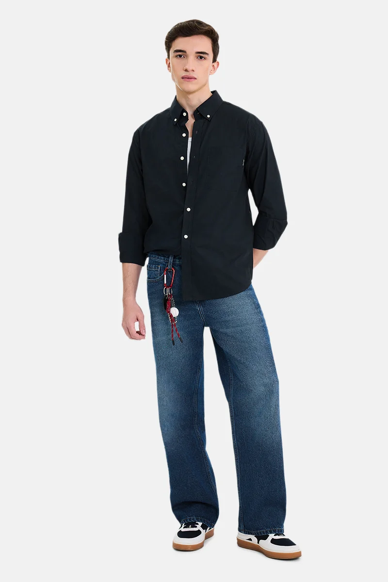 سنيتش Navy Solid Long Sleeve Regular Fit Casual Shirt