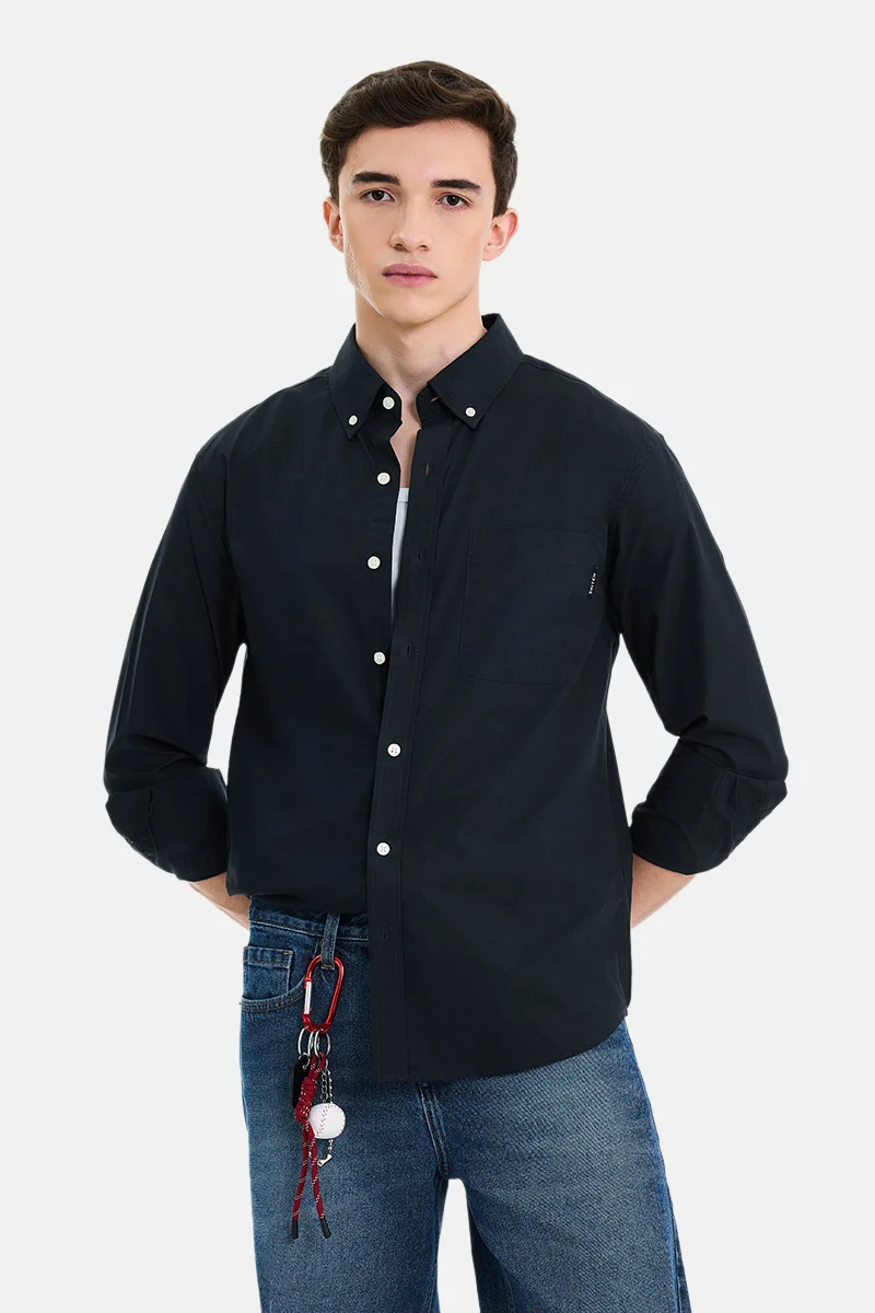 سنيتش Navy Solid Long Sleeve Regular Fit Casual Shirt