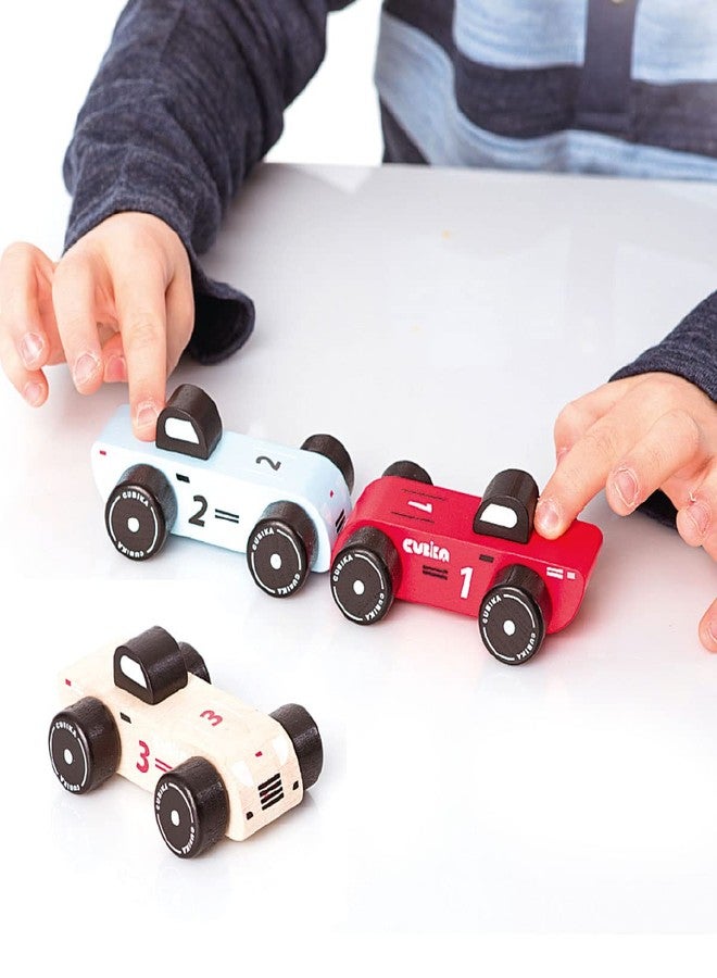 CUBIKA Wooden Racing Cars Set – Montessori Toy for Toddlers Ages 18 Months+ – 3-Pack Wooden Race Cars for Toddlers – FSC-Certified Wood, German Water-Based Paints - Image 2
