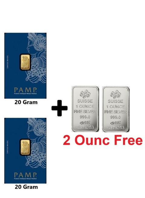 Two Bars of 24 Carat Swiss Gold - 20 Grams with a bar of 2 Ounces of Silver PAMP Weight. 31.1 Free