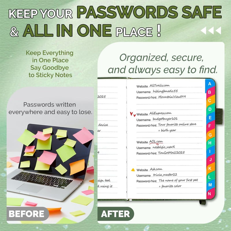 Witsbrez Password Keeper Book with Colorful Alphabetical Tabs, Small Internet Password Book for Seniors, Password Organizer for Website Logins (Sage Green, 4.7''x6.2'') - Image 2