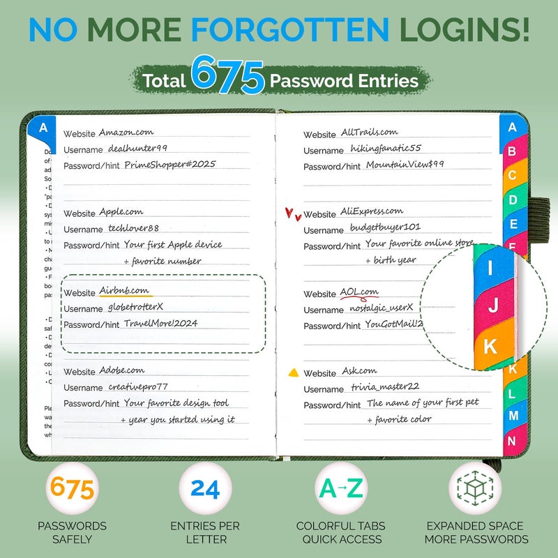 Witsbrez Password Keeper Book with Colorful Alphabetical Tabs, Small Internet Password Book for Seniors, Password Organizer for Website Logins (Sage Green, 4.7''x6.2'') - Image 3