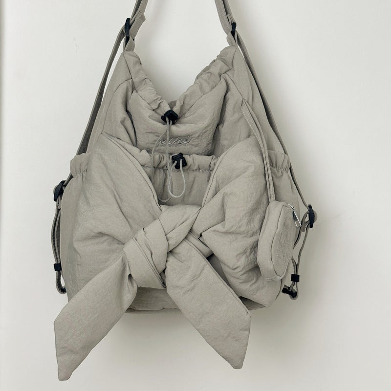 Niche Design Multi-Purpose One-Shoulder Cross-Body Backpack Large-Capacity Commuter Bag Bow Drawstring Bucket Bag Women'S Bag - Image 1