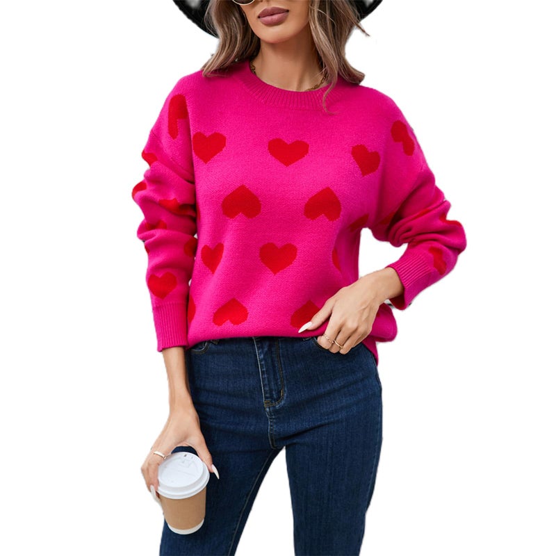 KMBANGI Women Cute Love Heart Sweater Y2K Long Sleeve Oversized Sweater Valentine's Day Pullover Knit Top Dark Pink - Image 1