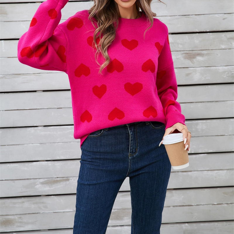 KMBANGI Women Cute Love Heart Sweater Y2K Long Sleeve Oversized Sweater Valentine's Day Pullover Knit Top Dark Pink - Image 3
