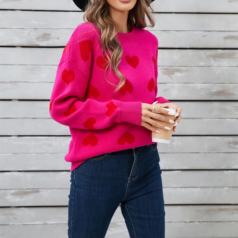 KMBANGI Women Cute Love Heart Sweater Y2K Long Sleeve Oversized Sweater Valentine's Day Pullover Knit Top Dark Pink - Image 5