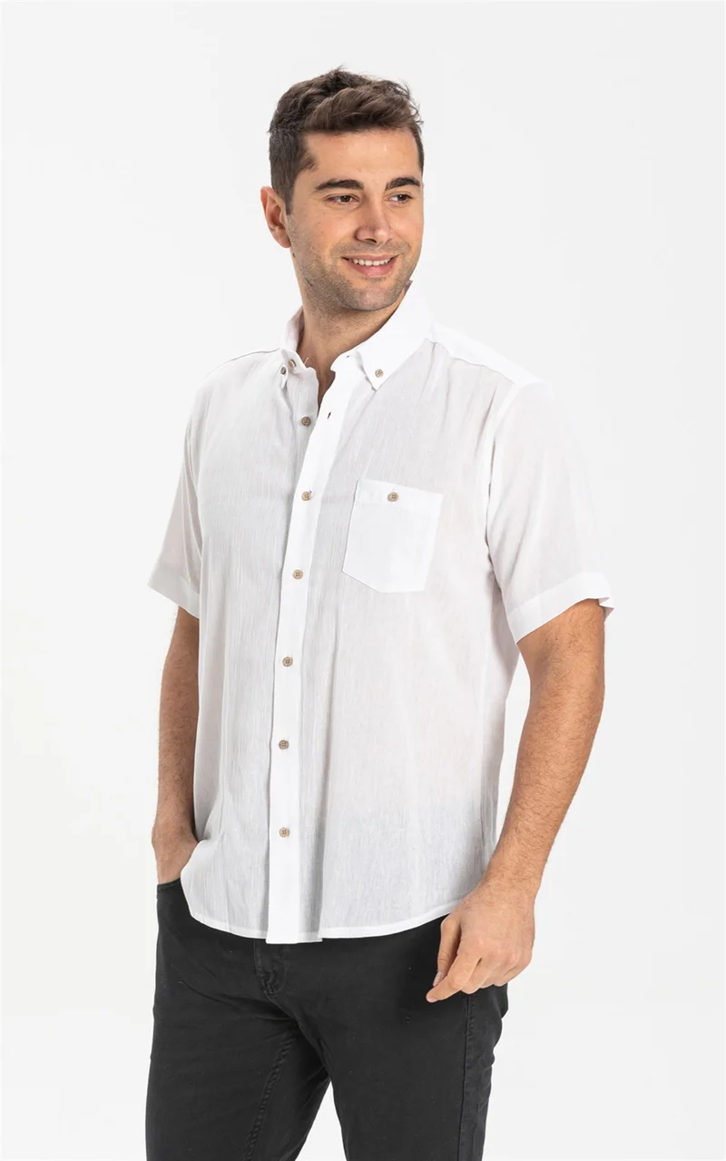 Eliş Şile Bezi Short Sleeve Slim Fit Şile Cloth Single Pocket Men's Shirt White 3001