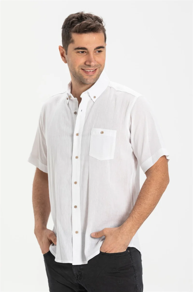 Eliş Şile Bezi Short Sleeve Slim Fit Şile Cloth Single Pocket Men's Shirt White 3001