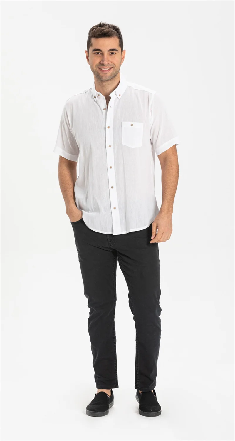 Eliş Şile Bezi Short Sleeve Slim Fit Şile Cloth Single Pocket Men's Shirt White 3001