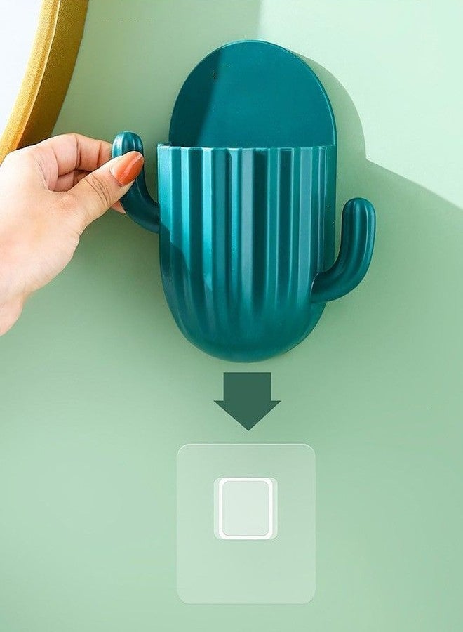 HOMAVA Cactus Wall Mount Stand Bathroom Cosmetic Organiser Storage Box Self-adhesive Wall Mount with Hooks, Green | 1 Pack | 14 x 14.5 x 4.5 cm | Plastic | Multicolor - Image 3