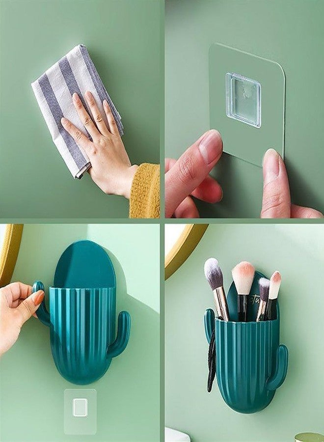 HOMAVA Cactus Wall Mount Stand Bathroom Cosmetic Organiser Storage Box Self-adhesive Wall Mount with Hooks, Green | 1 Pack | 14 x 14.5 x 4.5 cm | Plastic | Multicolor - Image 5