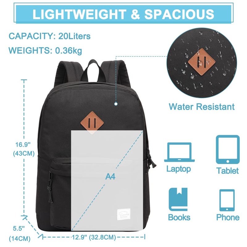 VASCHY School Backpack, Lightweight, Water Repellent Backpack for Men, Women, Children, Boy, Leisure for Girls, School, High School, Teenagers, College, Business, Travel, Black, One Size - Image 2