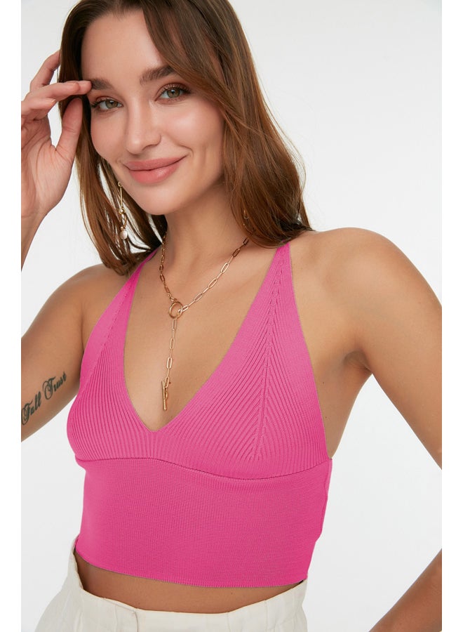 Pink Super Crop Back Detailed Knitwear Sweater Blouse TWOSS22BZ0760