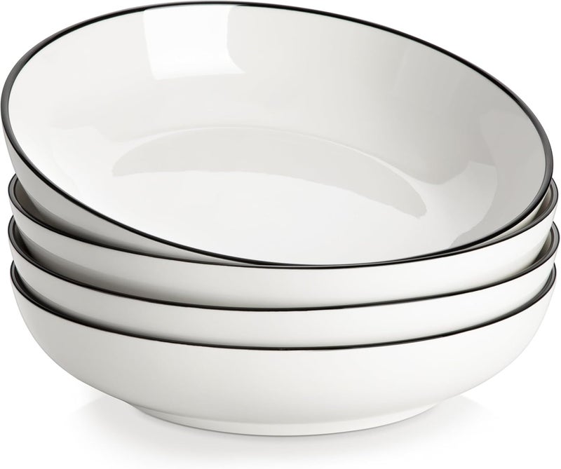 MALACASA 885 Large Pasta Bowls 42 OZ White Salad Bowls Soup Bowls Porcelain Serving Bowls Set of 4 Ivory White  Black Rim Microwave  Dishwasher Safe Series REGULAR - Image 1