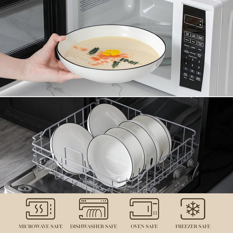 MALACASA 885 Large Pasta Bowls 42 OZ White Salad Bowls Soup Bowls Porcelain Serving Bowls Set of 4 Ivory White  Black Rim Microwave  Dishwasher Safe Series REGULAR - Image 4