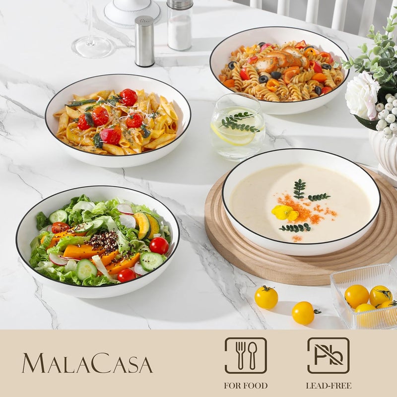 MALACASA 885 Large Pasta Bowls 42 OZ White Salad Bowls Soup Bowls Porcelain Serving Bowls Set of 4 Ivory White  Black Rim Microwave  Dishwasher Safe Series REGULAR - Image 3