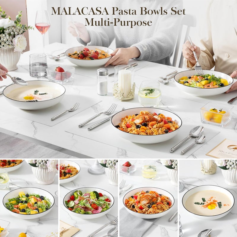 MALACASA 885 Large Pasta Bowls 42 OZ White Salad Bowls Soup Bowls Porcelain Serving Bowls Set of 4 Ivory White  Black Rim Microwave  Dishwasher Safe Series REGULAR - Image 5