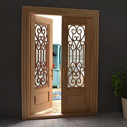 iLAND Dollhouse Door on 112 Scale Dollhouse Accessories of Miniature Gate wCarved Pattern 3D Lattice Panes Reflecting Rainbow Light Golden Handles - Image 1