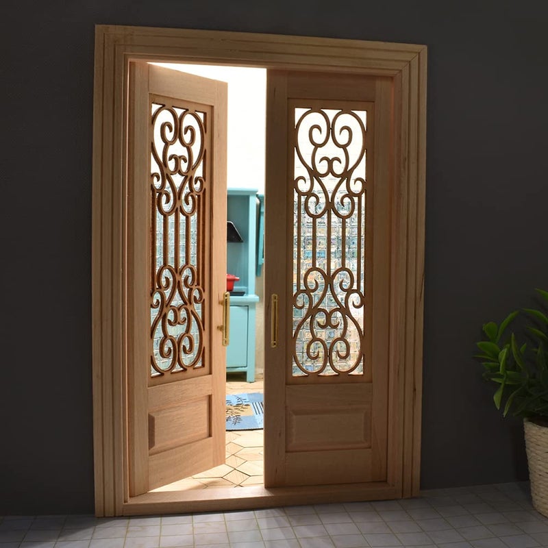 iLAND Dollhouse Door on 112 Scale Dollhouse Accessories of Miniature Gate wCarved Pattern 3D Lattice Panes Reflecting Rainbow Light Golden Handles - Image 3
