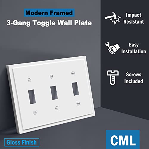 CML Hardware CML 3-Gang Modern Framed Toggle Light Switch Wall Plate, Decorative Triple Outlet Covers, Impact Resistant Polycarbonate, Standard Size 6.87”X 4.87”, White, 2 Pack - Image 2
