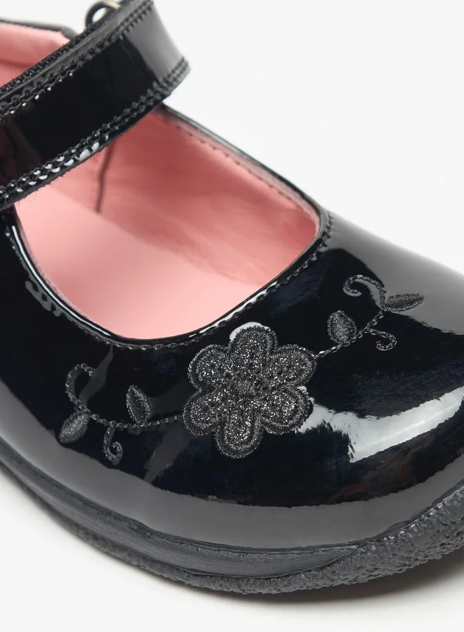JUNIORS Flower Embroidered Mary Jane School Shoes with Hook and Loop Closure