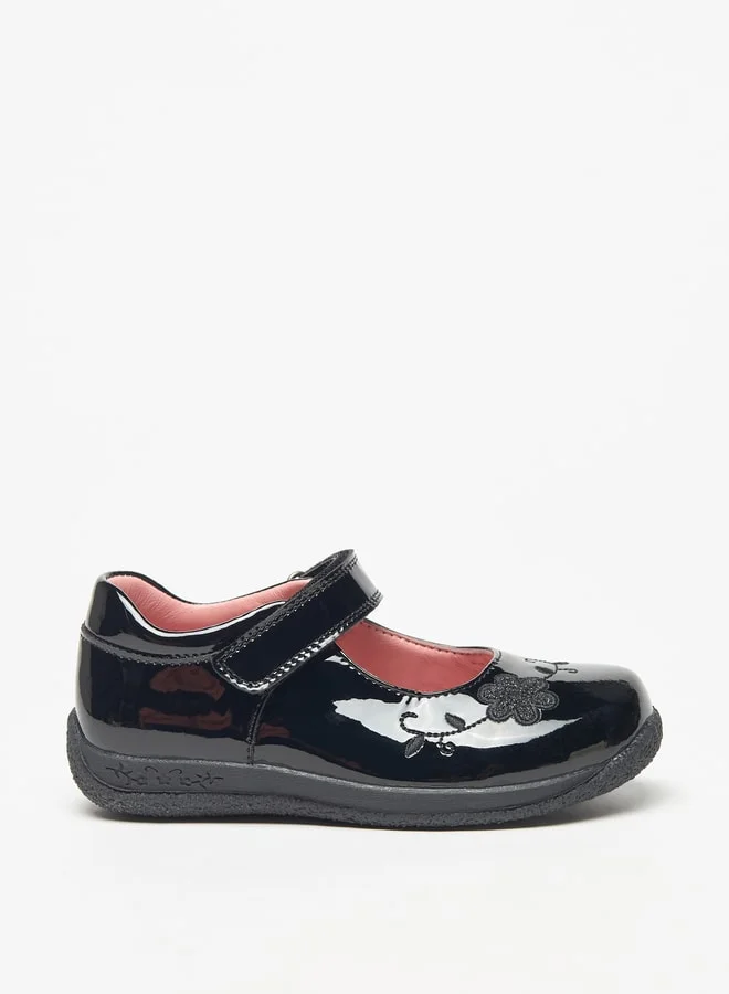 JUNIORS Flower Embroidered Mary Jane School Shoes with Hook and Loop Closure