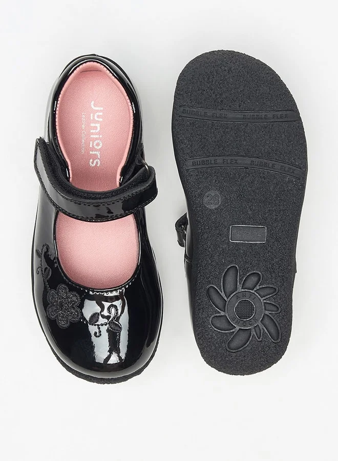 JUNIORS Flower Embroidered Mary Jane School Shoes with Hook and Loop Closure