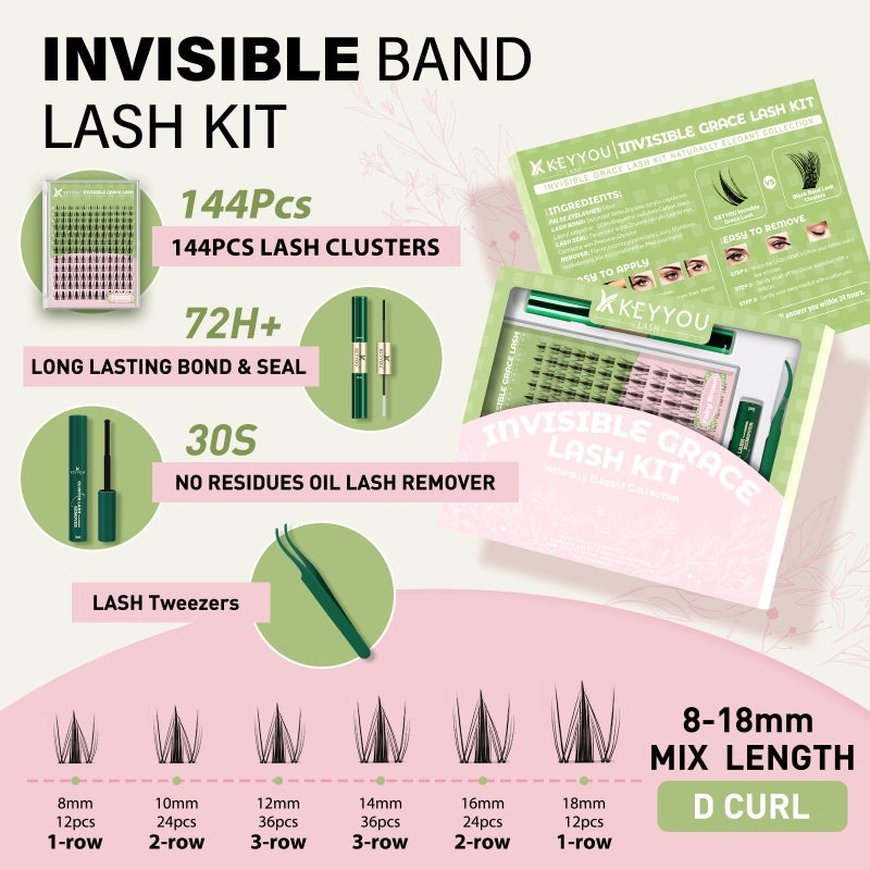 KEYYOU Fairy Lash Clusters Kit, Manga Eyelash Extension Kit at Home, 144pcs D Curl Wispy Natural Invisible Band Lash with Waterproof Lash Extensions Kit (Fairy-D-8-18MIX) - Image 2