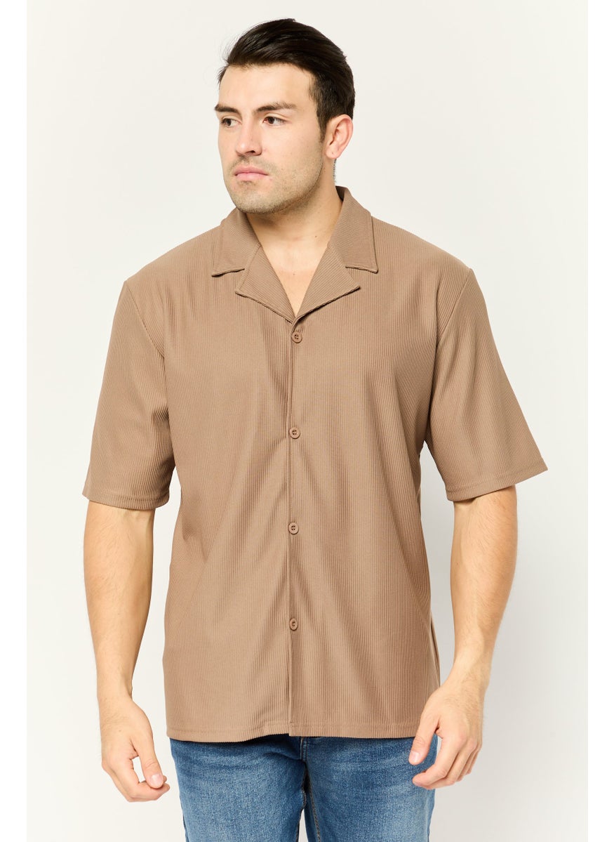 Core Elements Men Notched Collar Short Sleeve Stripe Casual Shirt, Tan  - Image 2