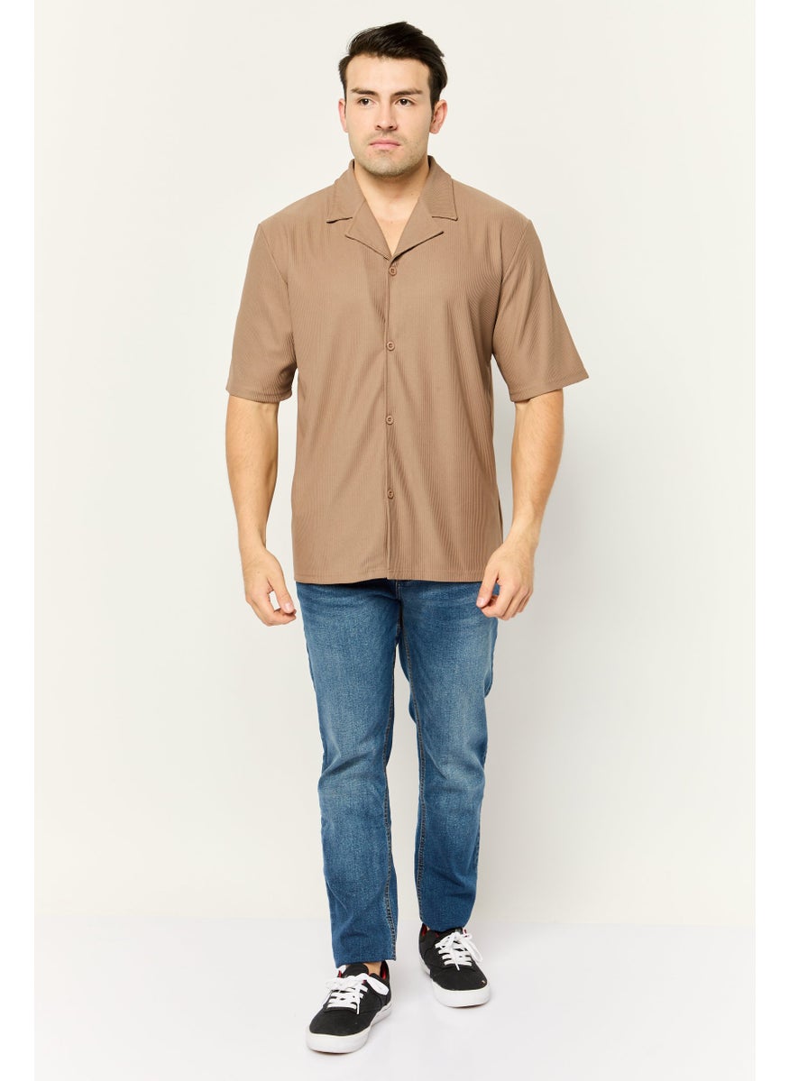 Core Elements Men Notched Collar Short Sleeve Stripe Casual Shirt, Tan  - Image 1