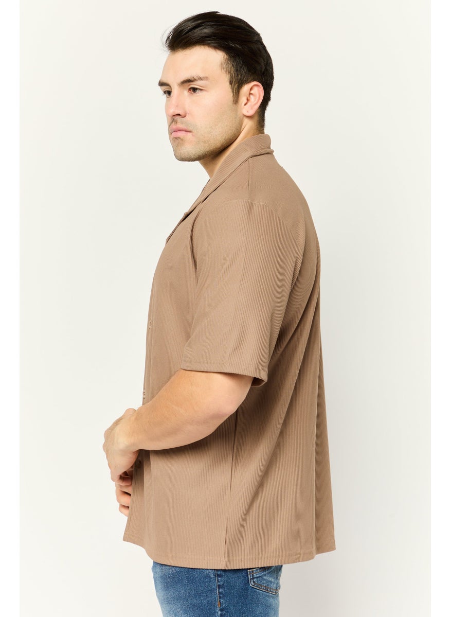 Core Elements Men Notched Collar Short Sleeve Stripe Casual Shirt, Tan  - Image 3