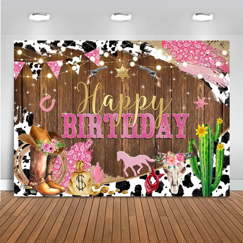 Mocsicka Western Cowgirl Birthday Backdrop for Girls Party Decorations Rustic Rodeo Boot Horse Theme Photo Booth Background Happy Birthday Banner Photo Booth Props Pink 7x5ft 82x60 inch - Image 2