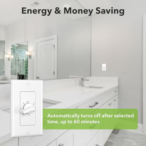 BN-LINK Heavy Duty 60-Minute in-Wall Spring Wound Countdown Timer Switch for Lights, Mechanical Switch Timer for Bathroom Exhaust Fan, No Neutral Wire Required, 2 Wall Plate(White and Silver Metallic) - Image 2
