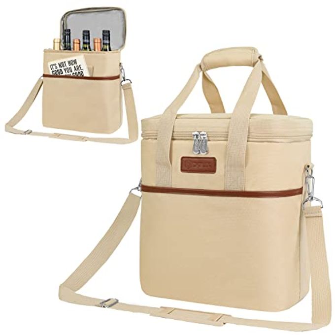 OPUX 6 Bottle Carrier Tote | Insulated Padded Cooler Bag for Travel, Picnic, BYOB | Portable Leakproof Wine Tote for Dinner, Party, Christmas, Gift for Women, Men (Cream Beige) - Image 1