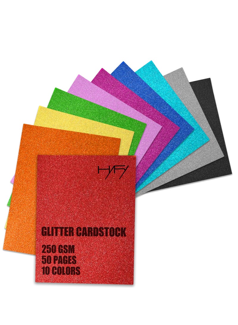 HYFY 50 Glitter Sheets A4 Colored Glitter Cardstock 250 GSM Thick Color Glitter Paper for Printing, Arts, Crafts, Scrapbooking, DIY - 10 Colors Construction Paper - Image 1