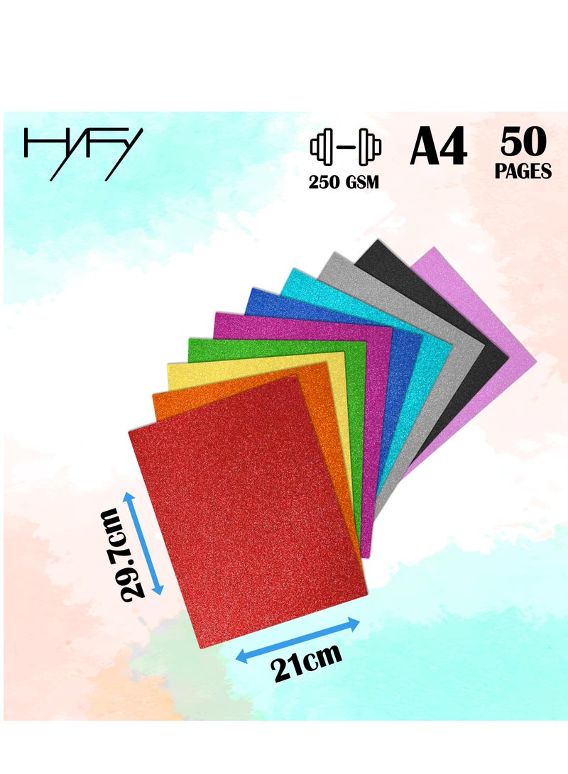 HYFY 50 Glitter Sheets A4 Colored Glitter Cardstock 250 GSM Thick Color Glitter Paper for Printing, Arts, Crafts, Scrapbooking, DIY - 10 Colors Construction Paper - Image 2