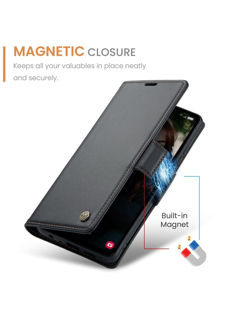 CaseMe Phone Case Luxury PU Leather Design Anti Fingerprint 023 Flip Cover Card Slot Holder Cover For Samsung Galaxy A15 (Black) - Image 4