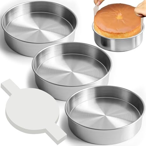 Fcgbdbz 6 Inch Cake Pans Set of 3 with 100 Pieces Parchment Paper Stainless Steel Baking Pan For Layered Cakes Smash Cake Pans Mirror Finish Dishwasher Safe Small Cake Pan Set Cake Mold - Image 1