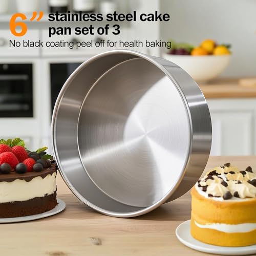 Fcgbdbz 6 Inch Cake Pans Set of 3 with 100 Pieces Parchment Paper Stainless Steel Baking Pan For Layered Cakes Smash Cake Pans Mirror Finish Dishwasher Safe Small Cake Pan Set Cake Mold - Image 3