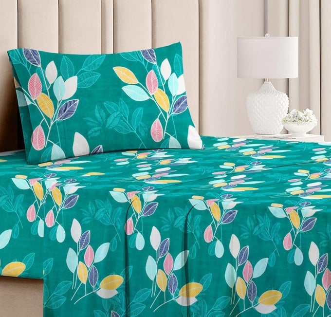 PREMIUM FOREVER MODERN STYLE GLACE COTTON FLORAL LUXURIOUS BEAUTIFUL SOFT COMFORT DESIGNER FLORAL PATTERN 1 SINGLE SIZE BED BEDSHEET AND 1 PILLOW COVER DARK GREEN